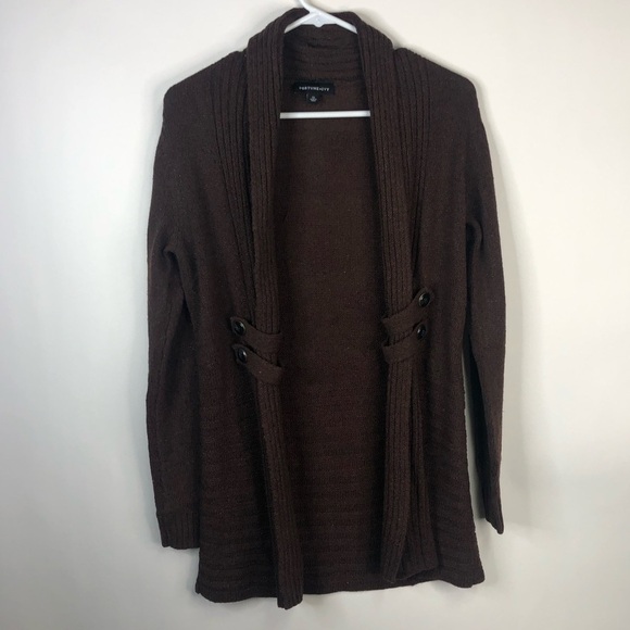 Fortune + Ivy brown button tab detail open long cardigan sweater NWOT sz XS - Picture 1 of 7